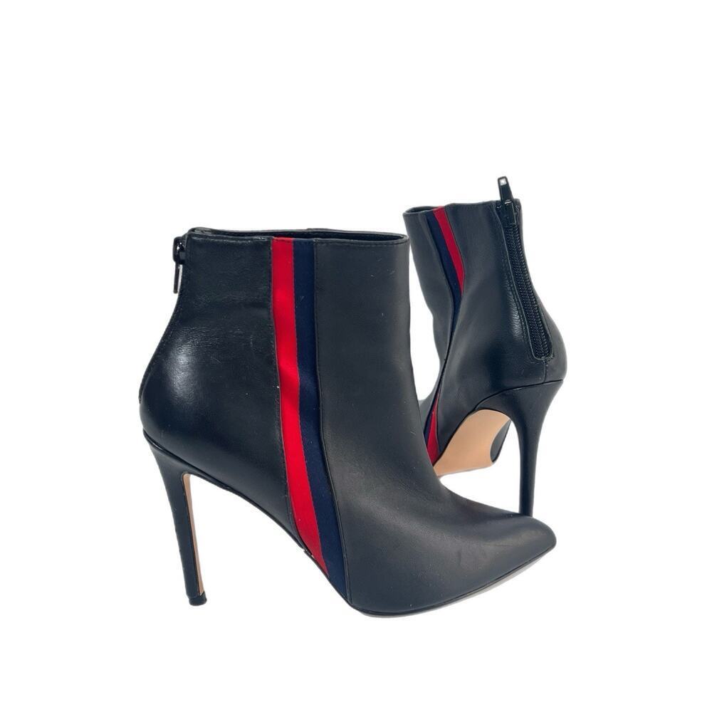 Steve Madden Vira Mid High 4โ Heeled Boots Size 7 Black Leather Stripes Red Blue